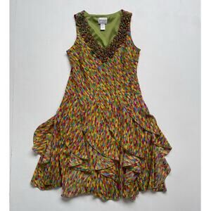 Vtg Sleeveless Colorful Patterned Tiered Ruffle Dress / Sz 10P Clowncore Fairy